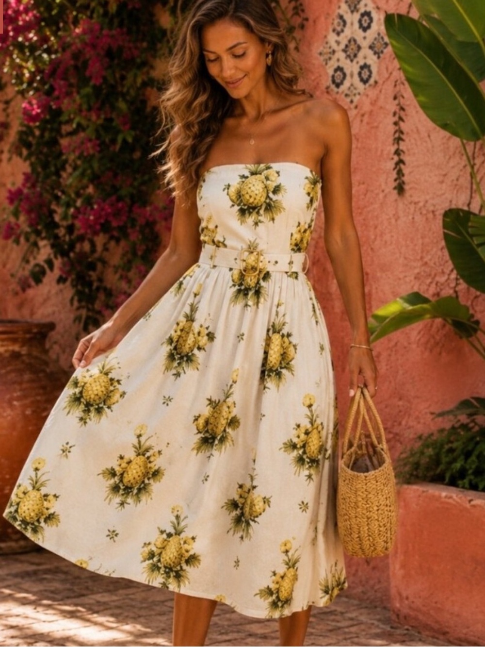 Tahari Strapless Tropical Midi Dress